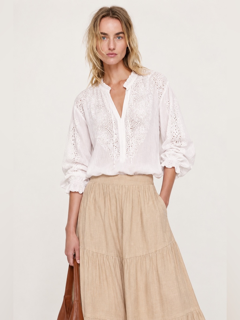 NWT Banana Republic White Embroidered Top Long Sleeves Shirt Size Medium Ramie